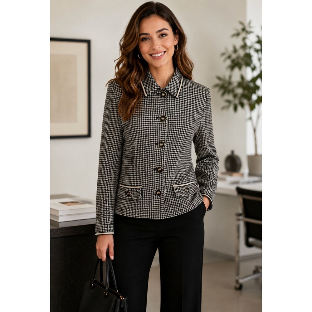 ST. JOHN Collection by Marie Gray Black Ivory Houndstooth Blazer Jacket Size 6